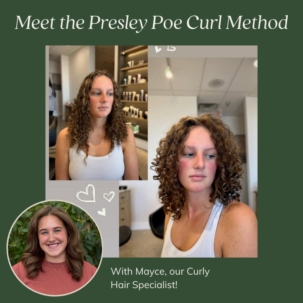 Before and after transformation of a curly hair service by specialist Mayce at Rooted Salon.