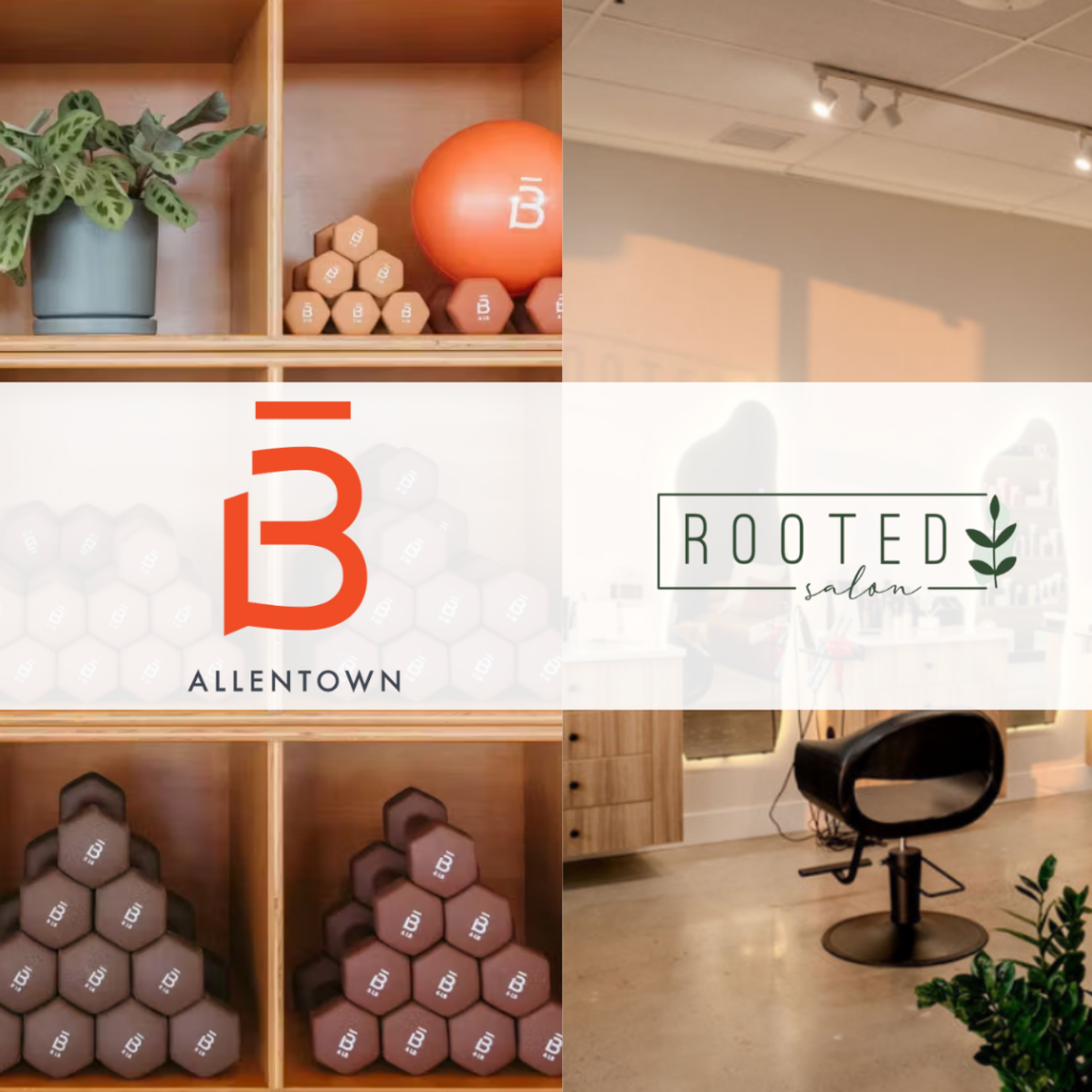 Split screen showing barre3 equipment weights and the modern interior of Rooted Salon in Allentown, PA.