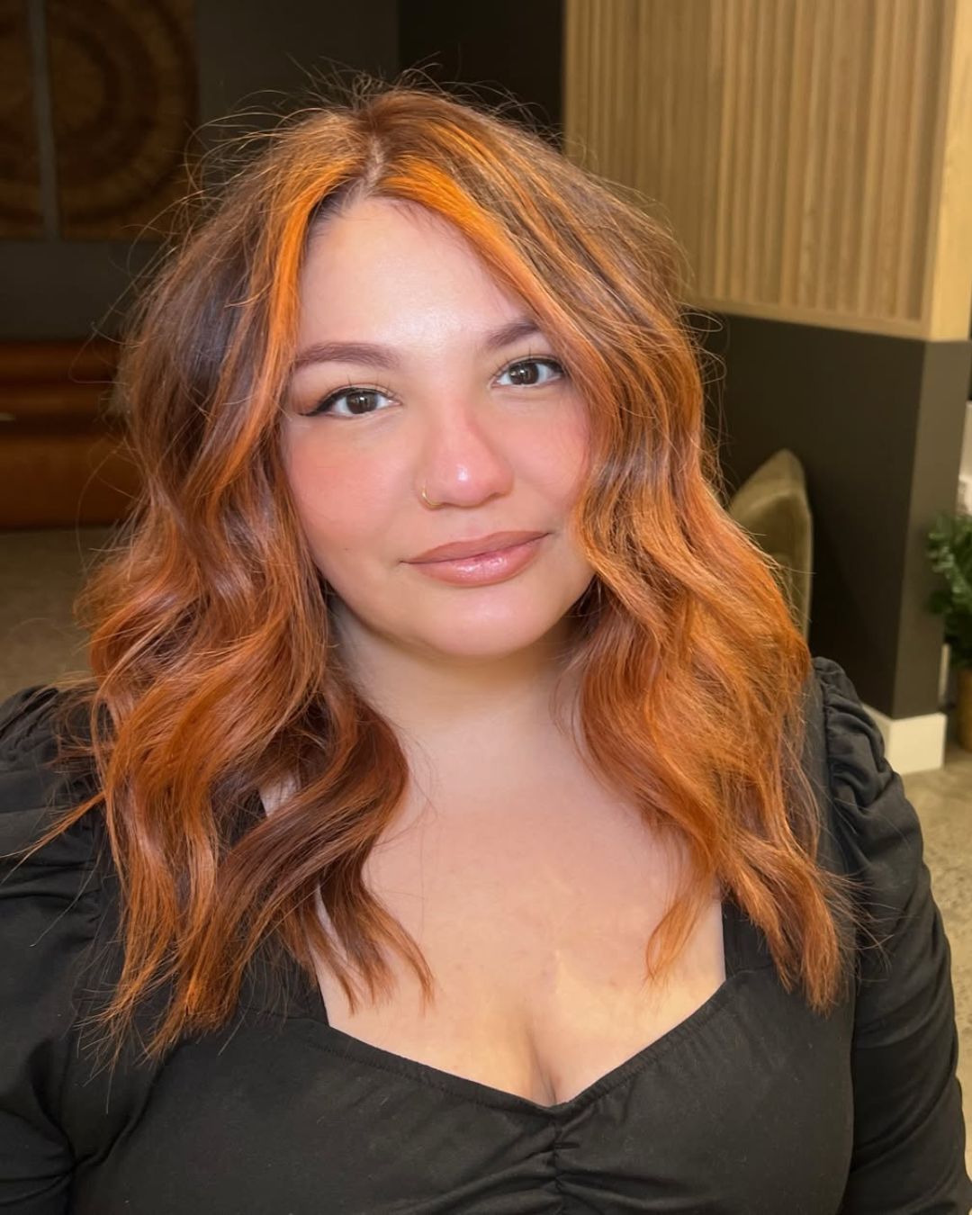 Brunette Hair with Copper Money Piece Highlights