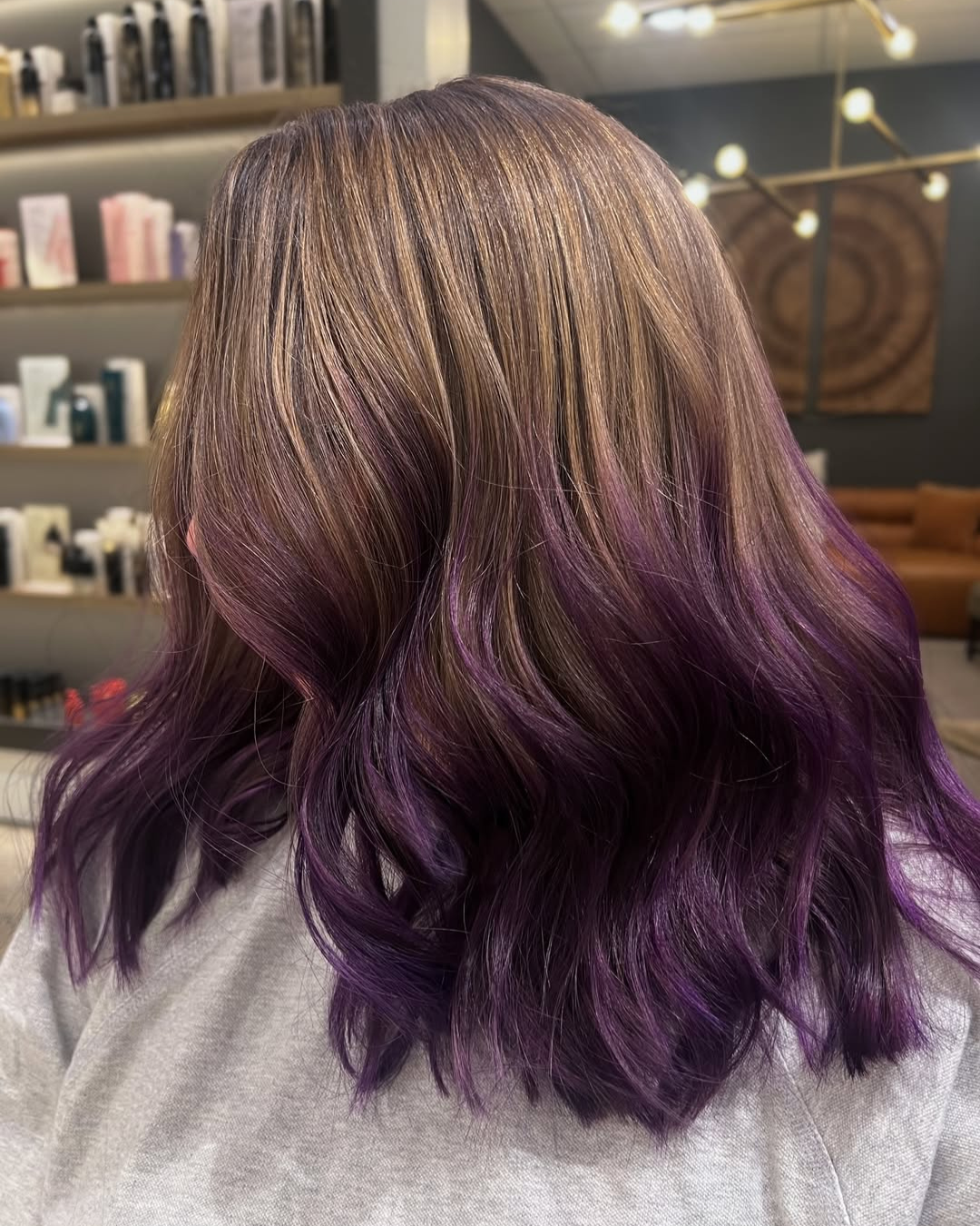 Light Brown Hair with Purple Dip Dye Ombre